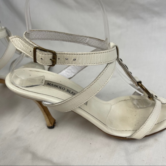 Manolo Blahnik White Studded T-strap Ankle Wrap Heels - Picture 5 of 10